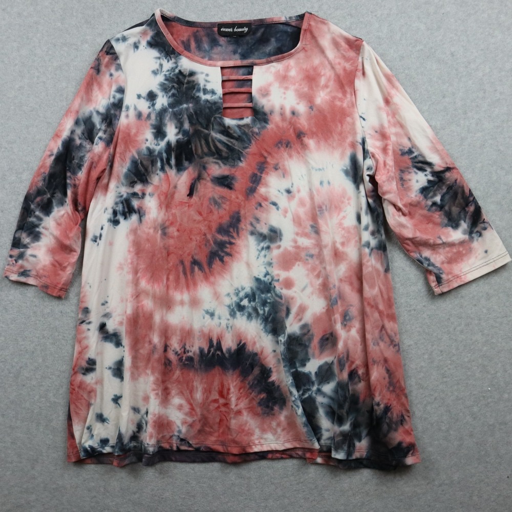 Inner Beauty Top Womens 1X Plus Caged Ladder Neckline Casual Tie-Dye 3/4 Sleeve‎